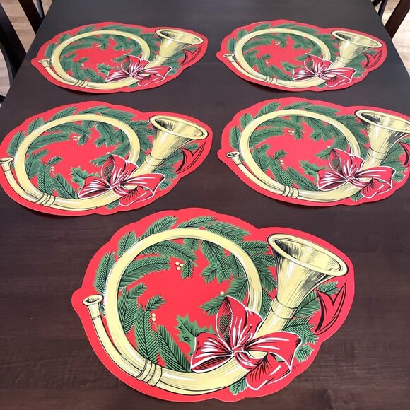 Vintage Town & Country Vinyl Christmas Placemats Red French Horn Bow Set Of 5 - Picture 1 of 8